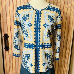 J. McLaughlin Blue & Cream Patterned Long Sleeve Tee